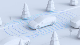 isometric render of a white scene including a car with sensors