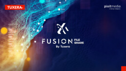 abstract data flowing with fusion file share logo and tuxera logo